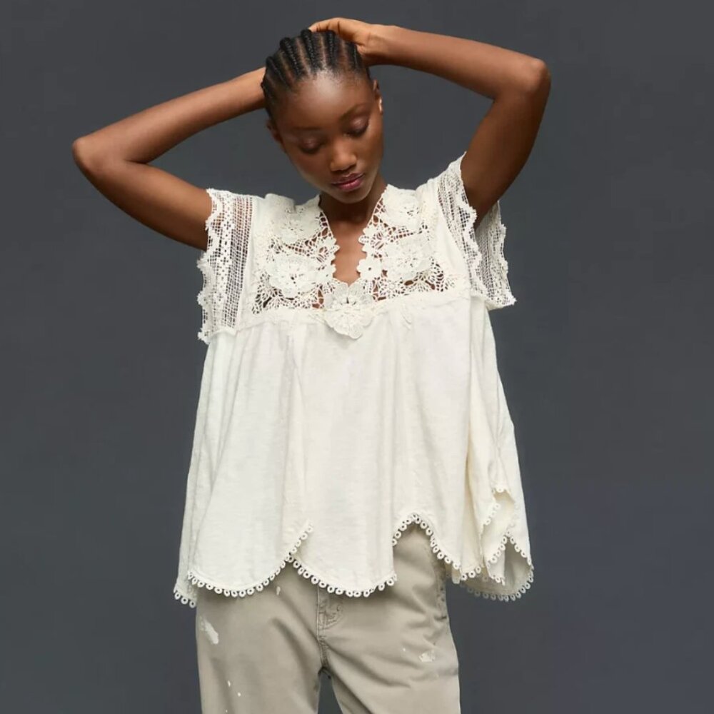 By Anthropologie V-Neck Lace Swing Top Coquette Dainty Crochet Lace, Size XS